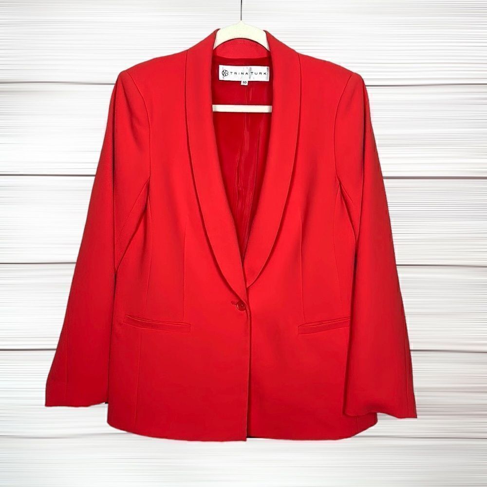 TRINA TURK Orange Red Blazer Shawl Collar One Button Front Pockets US 10
